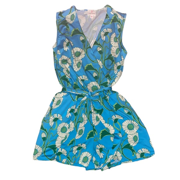 JB by Julie Brown Blue Floral Faux Wrap Tie Waist Romper - L - Picture 1 of 8